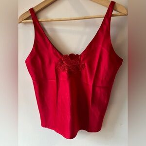 La SENZA Vintage Red Pajama Set - Sleeveless Top with Floral Detail & Pants M